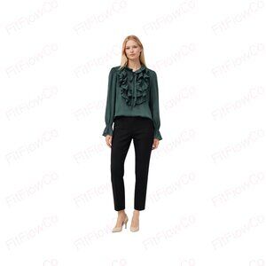 ZARA Forest Green RuffleNeck Blouse L Tie Front Romantic Victorian TopLongSleeve